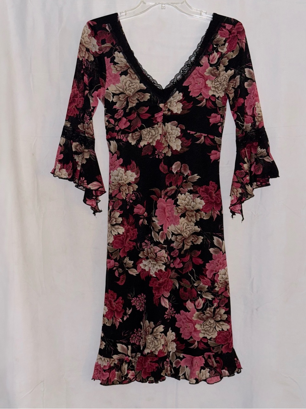 My Michelle Black Floral V-Neck Bell Sleeve Dress Size Medium